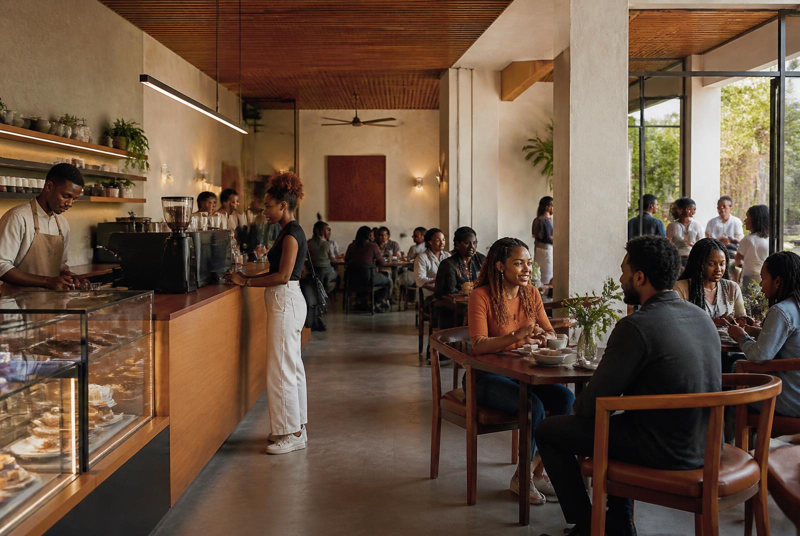 A lively café filled with guests talking over coffee