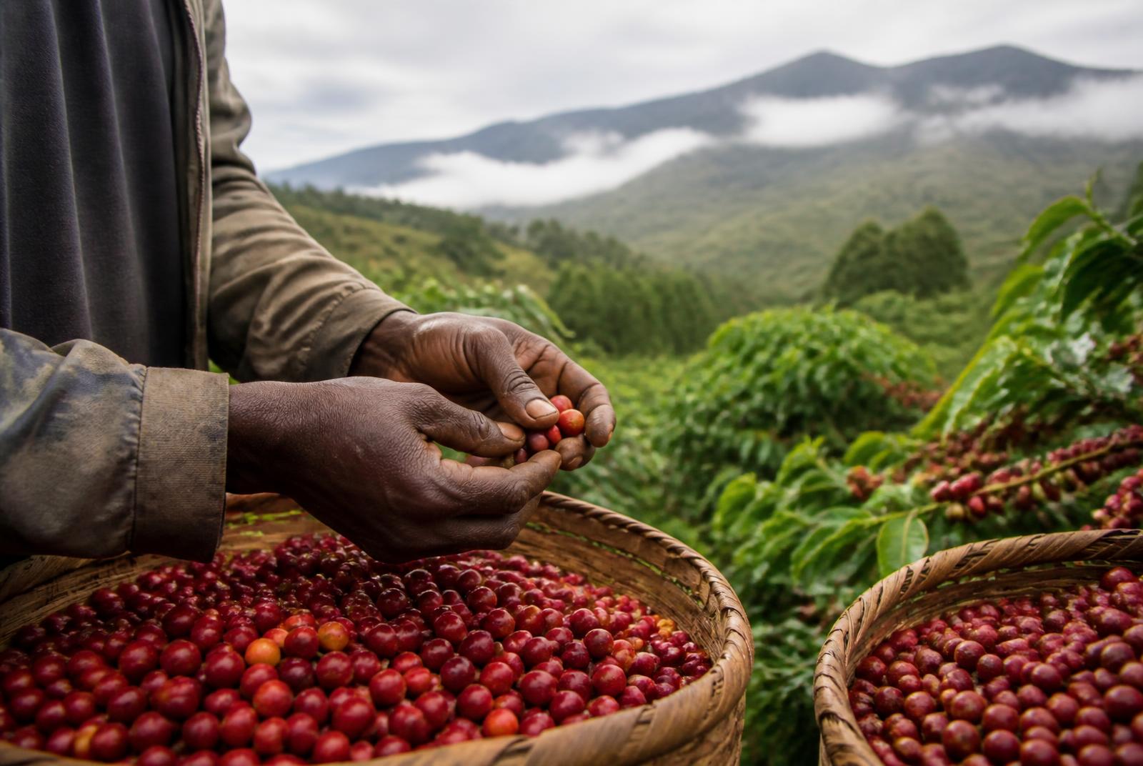 Coffee cherries being selected in the Kenyan highlands