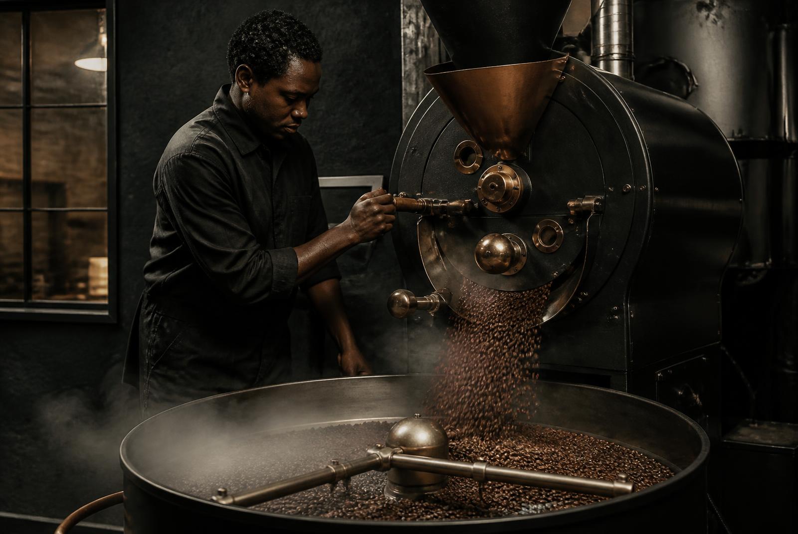 A coffee roaster guiding freshly roasted beans into a cooling tray